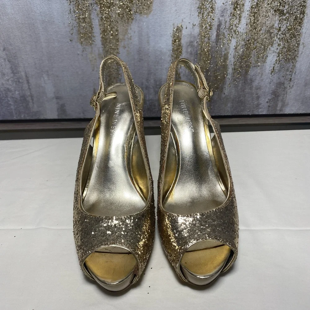 Nine West Women's Heels Glameron Gold Sparkle Metallic Slingback Size 6.5 - Picture 5 of 7